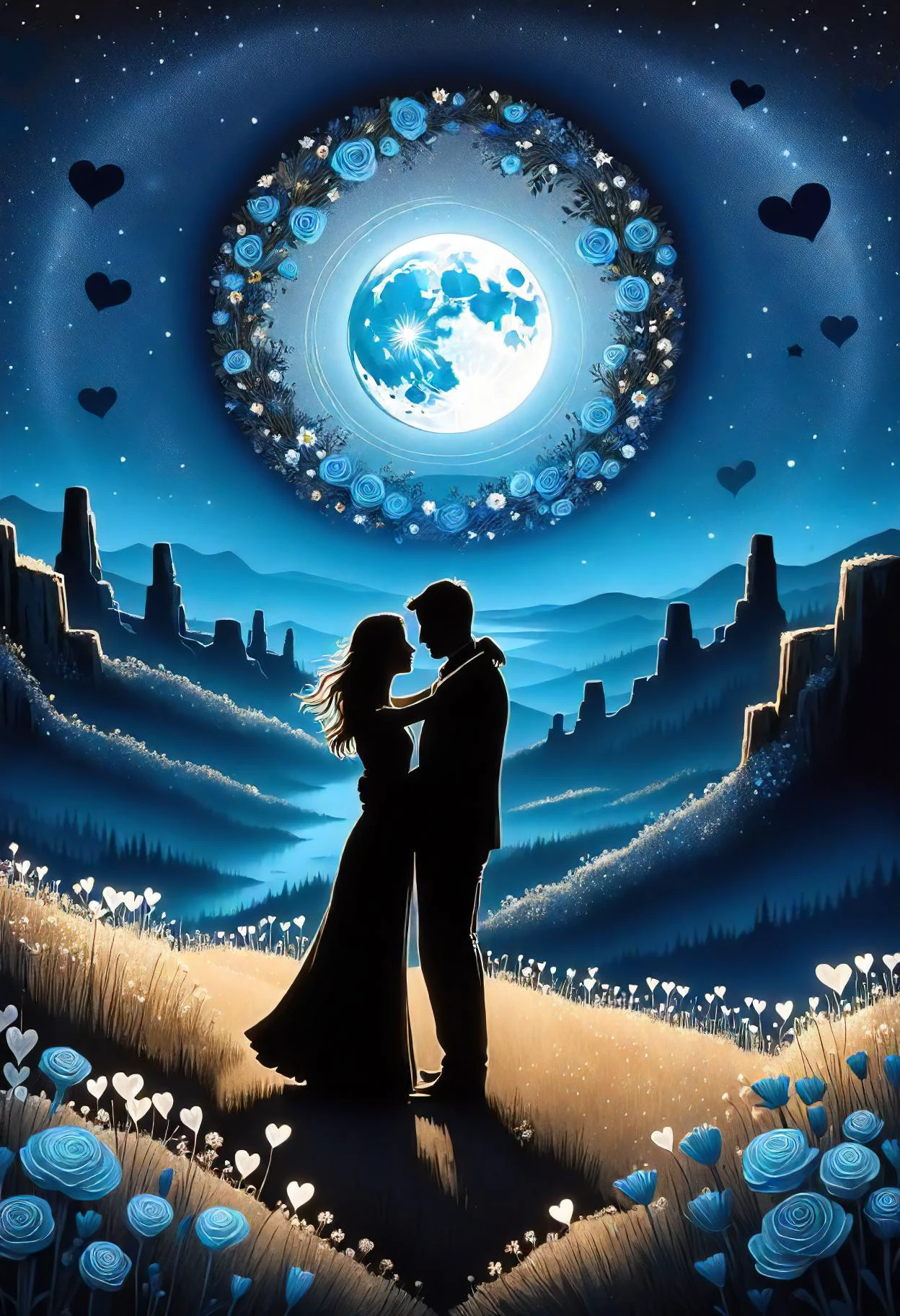 valentines day, handmade, rustic, flowers, key to my heart, scenic overlook, dancing cheek to cheek in the moonlight, moonlit <lora:released\DonM3t3rn1tyXL-v1.1-000008:0.8>