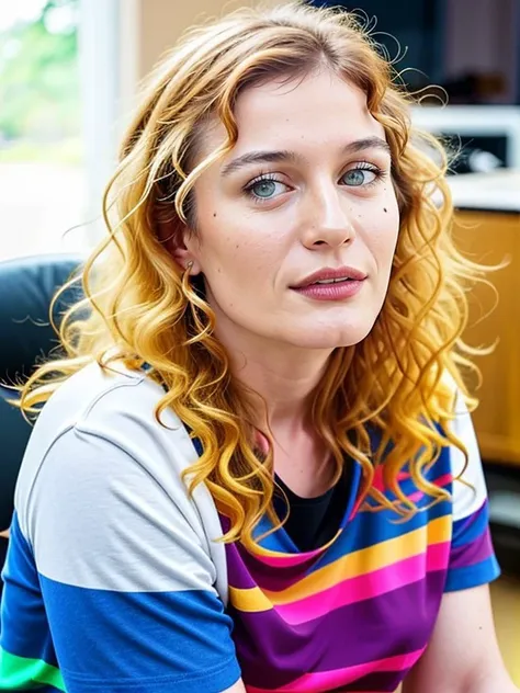 photo of a Bright stocky berna_koralturk, Playing video games, Leaning forward, Blonde Extreme hair, Crazy Eyes, Eyeshadow, Hazy conditions, split diopter, film grain, Sony A7, Selective focus, psychedelic colors, <lora:berna_koralturk-000009:0.7>