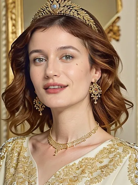 berna_koralturk, wearing a gold dress and jewelry with a tiara on her head and a necklace on her neck with ((happy face)), masterpiece, best quality, CG, detailed light, extremely detailed, royalty, HDR, intricate details,brown eyes<lora:berna_koralturk-000009:1.0>