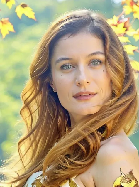 Masterpiece, Cute , beautiful berna_koralturk, drill hair, wearing gold laced dress, autumn, leaves, trees, best quality, samdoesarts, portrait, intricate detail, relaxing, brown eyes, headdress, detailed eyes, big pupils, brown eyes<lora:berna_koralturk-000009:1.0>