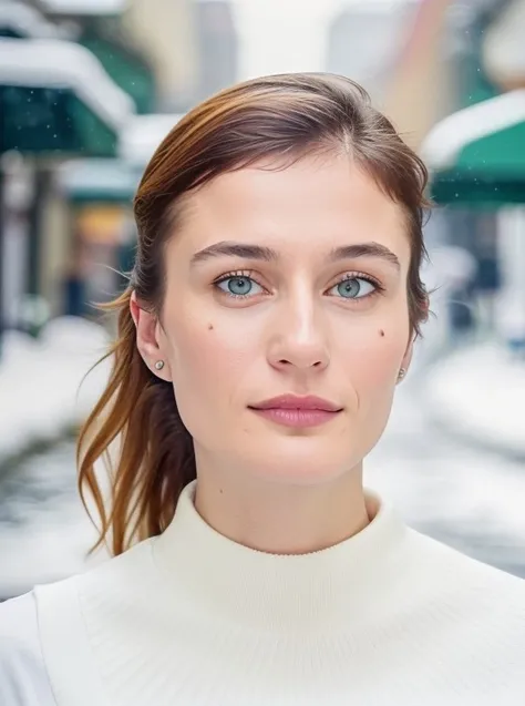 berna_koralturk,beautiful symmetrical face, cute natural makeup, ((standing outside in snowy city street)), BREAK ultra realistic, concept art, elegant, highly detailed, intricate, sharp focus, depth of field, f/1. 8, 85mm, medium shot, mid shot, (centered image composition), (professionally color graded), ((bright soft diffused light)), volumetric fog, trending on instagram, hdr 4k, <lora:berna_koralturk-000009:1>