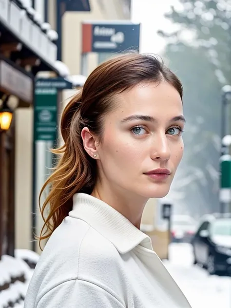 berna_koralturk,beautiful symmetrical face, cute natural makeup, ((standing outside in snowy city street)), BREAK ultra realistic, concept art, elegant, highly detailed, intricate, sharp focus, depth of field, f/1. 8, 85mm, medium shot, mid shot, (centered image composition), (professionally color graded), ((bright soft diffused light)), volumetric fog, trending on instagram, hdr 4k, <lora:berna_koralturk-000009:0.7>