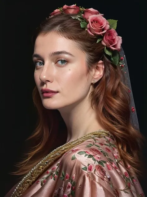 berna_koralturk, with flowers in her hair and a wreath of pink roses on her head, standing in front of a dark background, painted by artgerm and tom bagshaw, fantasy art, dramatic lighting, highly detailed oil painting<lora:berna_koralturk-000009:1.0>