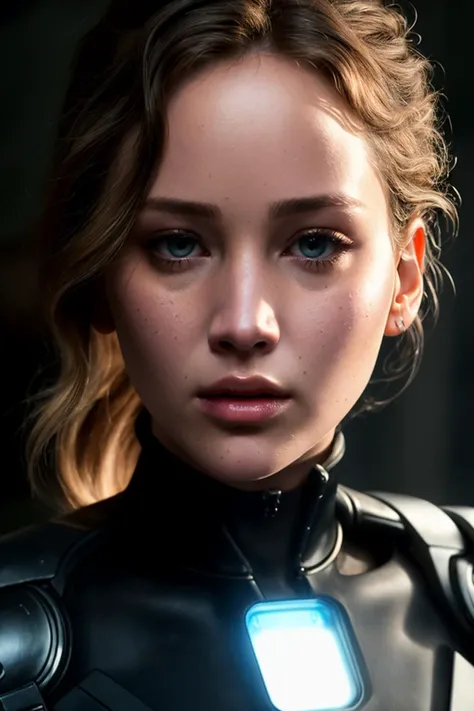 up close jenniferLaw1, ((best quality)), ((masterpiece)), (detailed), Midjourney Style, close-up, woman, robot, red eyes, concept art, inspired by Marek Okon, digital art, Crysis Nanosuit, futuristic, (glowing elements:1.1), 4:3 aspect ratio, dynamic duo