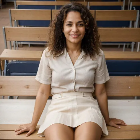 a 35 years old brazilian christian woman siting on a bench at a crowded pentecostal church, using a linen miniskirt, without panties, very detailed skin and pussy labia, pantyless, smiling, high definition photograph, upskirt shot, bottom pov, curly hair