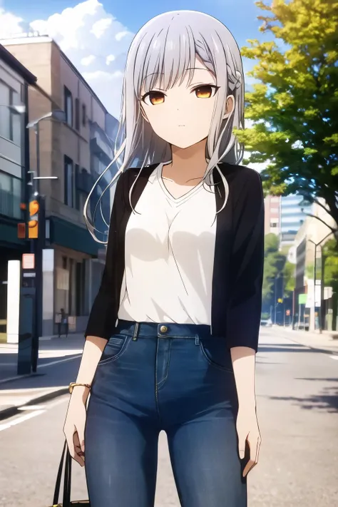 (high quality, high resolution:1.3), 4k, masterpiece, school, outdoors, park,
BREAK
<lora:Kaguya_Style:1>, 1girl, upper body, shinomiya kaguya, casual clothes, blue jeans, shirt, jacket, black jacket, yellow eyes, silver hair, long hair, breasts, small breasts, standing, <lora:NoiseOffset_v2:1.0>