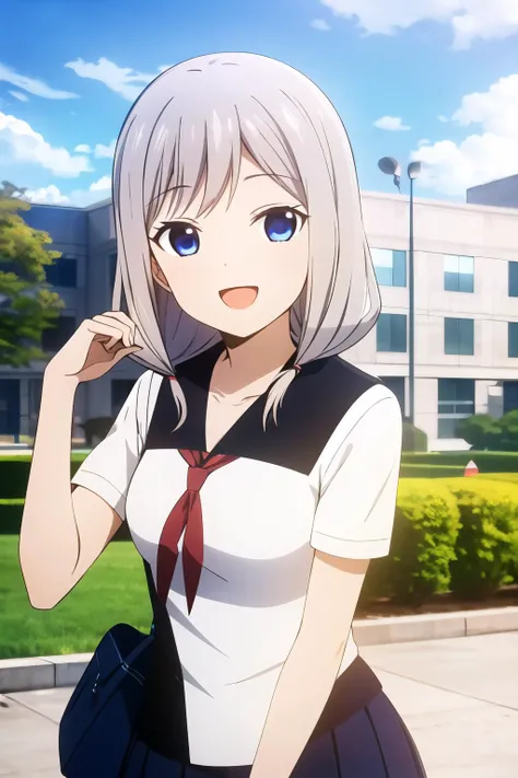 (high quality, high resolution:1.3), 4k, masterpiece, school, outdoors, park,
BREAK
<lora:Kaguya_Style:1>, 1girl, upper body, long hair, school uniform, white shirt, skirt, blue eyes, white hair, twintails, low twintails, breasts, medium breasts, smile, open mouth, <lora:NoiseOffset_v2:1.0>