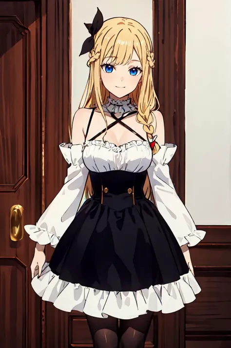 ultra detailed, masterpiece, best quality, solo, soft smile, light smile, cowboy shot,  indoors, 
1girl, blue eyes, very long hair, blonde hair, long blonde hair, french braid, bangs, medium breasts,
hair ribbon, frilled choker, criss-cross halter, sleeveless dress, high-waist skirt, backless dress, waist bow, detached sleeves, frilled sleeves, wide sleeves, pantyhose, patterned legwear, mary janes, <lora:Kaguya_Style:0.85>