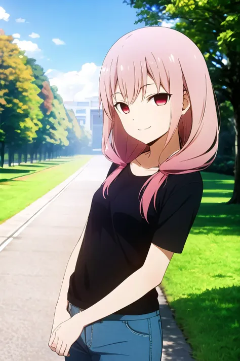 (high quality, high resolution:1.3), 4k, masterpiece, school, outdoors, park,
BREAK
<lora:Kaguya_Style:1>, 1girl, upper body, casual clothes, shorts, blue shorts, shirt, black shirt,  red eyes, pink hair, twintails, short twintails,  breasts, small breasts, smile, <lora:NoiseOffset_v2:1.0>