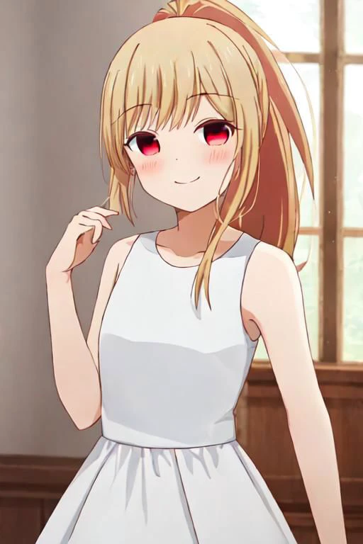 (high quality, best quality ,masterpiece:1.2), simple background, white background BREAK 1girl, solo,blonde hair, red eyes, ponytail, long hair, smile, blush, upper body, white dress, collarbone,