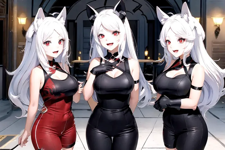 genshin impact,<lora:CerberusHelltaker:0.8>,cerberus(helltaker),red eyes,animal ears,white hair,demon girl,3girls,open mouth,fangs,long hair,dog ears,demon tail,<lora:shorttiedyejump-10:0.8>, short tie-dye jumpsuit,