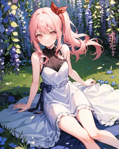 akiyama mizuki, 1other, (solo), side ponytail, red_bow, <lora:AkiyamaMizukiV1:0.9>,wedding dress, sitting,light smile, garden, wisteria, nemophila \(flower\),