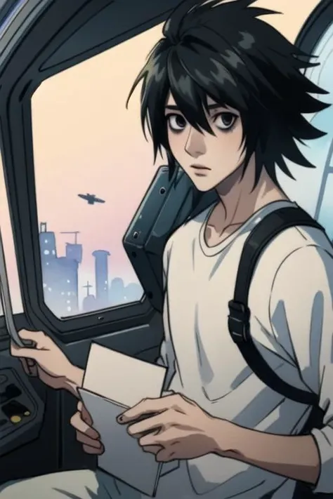 masterpiece, best quality, photorealistic, 1boy, solo, male focus, looking at viewer, , , (watercolor illustration, soft pastel colors:1.1), realistic, <lora:l_lawliet:0.76>, l_lawliet, black hair, black eyes, , bags under eyes, , science fiction space western,