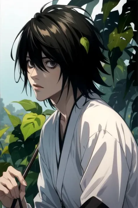 masterpiece, best quality, wallpaper, 1boy, solo, male focus, looking at viewer, upper body, , , realistic, <lora:l_lawliet:0.7>, l_lawliet, black hair, black eyes, hair between eyes, bags under eyes, funny costume, feudal japan, Blu-ray