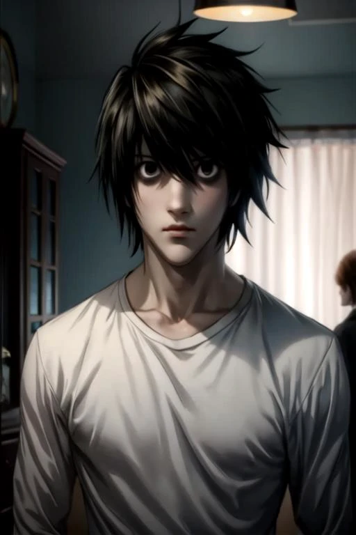 masterpiece, best quality, wallpaper, 1boy, solo, male focus, looking at viewer, upper body, , , , <lora:l_lawliet:0.86>, l_lawliet, , , , 2k resolution