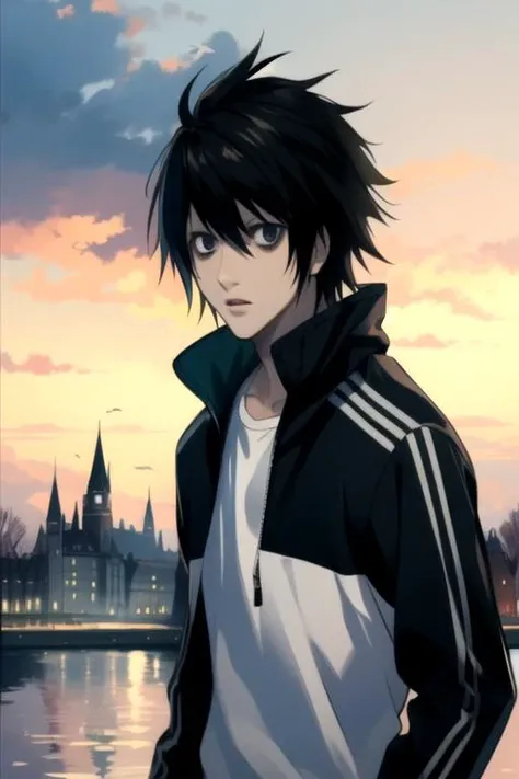 masterpiece, best quality, photorealistic, 1boy, solo, male focus, looking at viewer, upper body, , , , <lora:l_lawliet:0.88>, l_lawliet, black hair, black eyes, , bags under eyes, windbreaker, , floating castle,