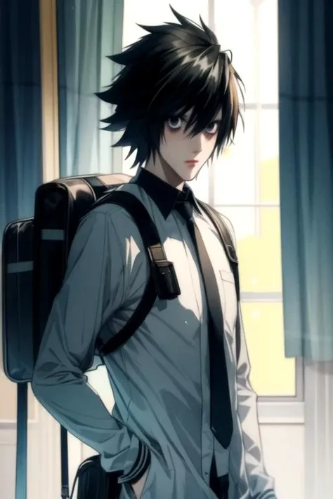 masterpiece, best quality, illustration, 1boy, solo, male focus, looking at viewer, upper body, , (watercolor illustration, soft pastel colors:1.1), , <lora:l_lawliet:0.98>, l_lawliet, black hair, black eyes, hair between eyes, bags under eyes, geek costume, The Valley of the Damned, 16k resolution