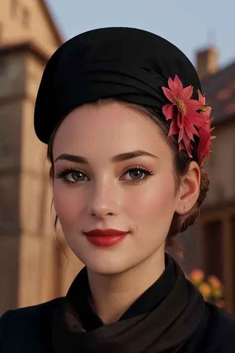 <lora:Winona-000006:0.6>, winona, , photo of a woman, ((hair tied back, hair in bun, dark brown hair)), ((outdoors, medieval city, scarf, black coat, flower hat, flowers)),smiling, (red lipstick, blush), ((best quality, masterpiece, extreme details, high resolution):1.2),((detailed eyes, beautiful eyes, detailed face, beautiful face):1.2)