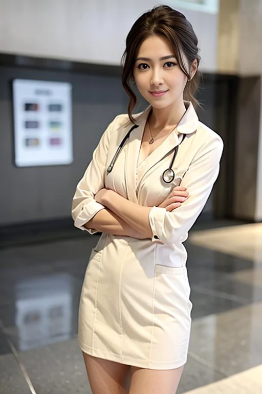 (shopping mall:1.5), blonde fringe hair, short hair, brown eyes, 1girl, doctor, Stethoscope on neck, smile, innocent, 100mm lens, (photorealistic), look at viewer, as doctor, (intricate details:1.2),(masterpiece, :1.3),(best quality:1.4), (ultra highres:1.2), ultra high res, (detailed eyes), (detailed facial features), HDR, 8k resolution, <lora:drSheTheMostBeautiful_10:0.6>, (Stethoscope), far view, reflections on floor, (lens flare:0.7), turn around, (Chanel skirt:1)
