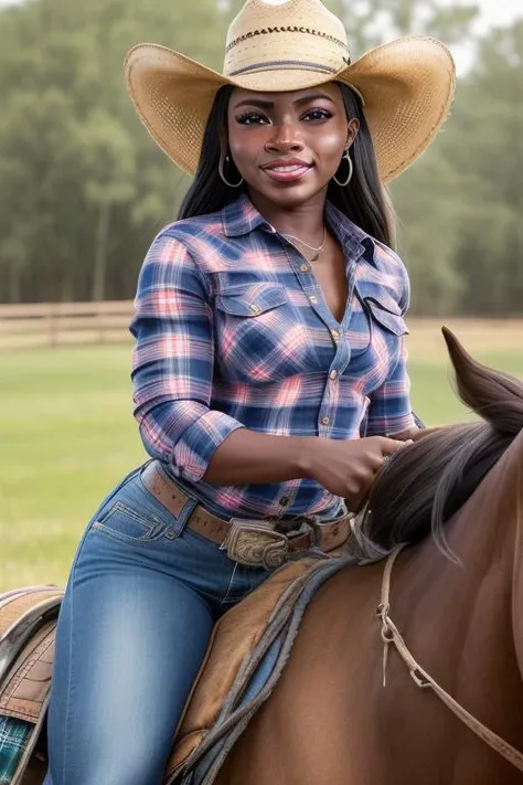 HD photo of beautiful noemiebilas-4100 riding a horse, cowboy hat, cowboy cosplay, plaid shirt, jeans
beautiful face, highres, high detail, face pores