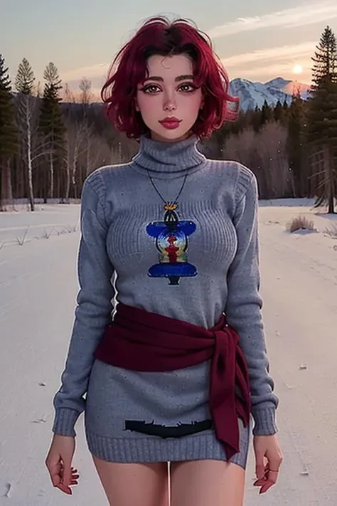 photo of <lora:rocketbabey-11:0.8>, rocketbabey, a woman, ((best quality, masterpiece))(cowboy shot, waist, hips, thighs), (walking), (colorful tight turtleneck sweater dress):1.2), (red lipstick, eye shadow, eyeliner, blush), (short hair), outdoors, snow, forest, sunrise, smile, ((detailed eyes, detailed face):1.2)