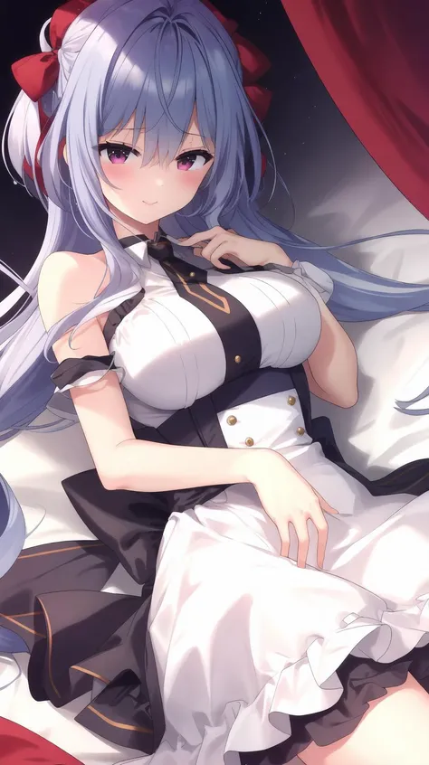 Best Quality, ultra-detailliert, Illustration, silber hair, Aimei, embarrassed from,breastsout,perspiring,Rough breath,Maids,Suspender Skirt,sprawl,a bed