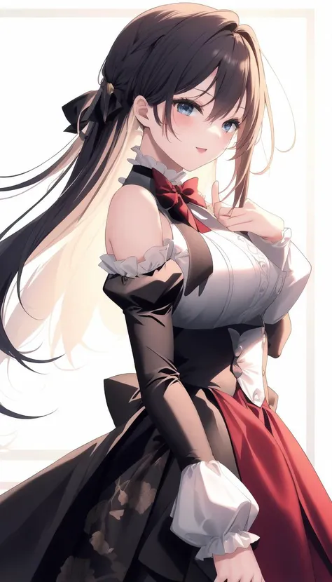 Idol, Masterpiece, Top Quality, Beautiful Face, Absurdity, HDR, (Cowboy Shot, White Ruffled Lace Mini Dress, White Collar, White Frill Cuff, Particles: 1.5), (Bloom, Glow: 1.4), (Smile), (Red Color Inhair, Purplish Red Eyes: 1.7), Sharp Focus, Photorealistic, High Resolution, Best Detail, Ultra Detailed, Detailed Face and Eyes, Sharp Pupils, Realistic pupils, sharp focus, shiny skin, (black long hair, black corset: 1), (dark studio, dark background: 1.5), rim lighting, dynamic and cinematic lighting, ((skirt up: 1.3)))), ((white panties visible))),
