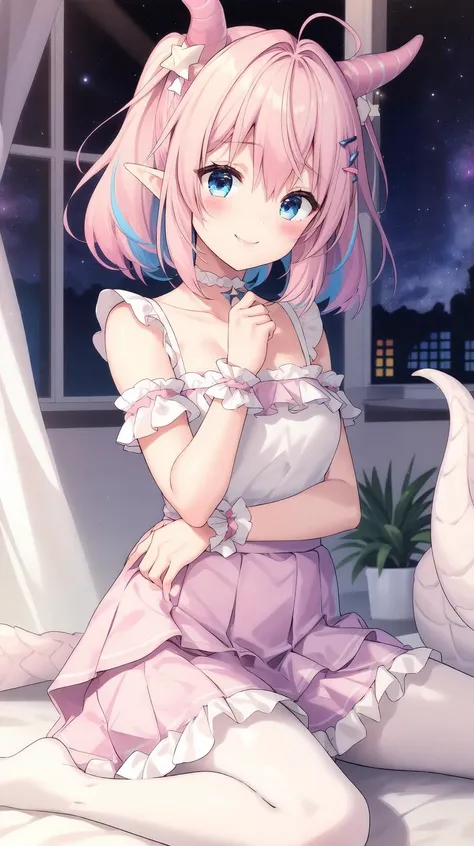 Small chest, adult, (Circle skirt), (ruffles akirt), (Tiered skirt), (Yuta:1.0), (Yellor cream skirt), (Light purple skirt layer), (Frilled skirt), (wind up skirt), (Wide sleeves), (star accessory on dress), (dress accessory), (hair accessory), (hair pins), (Skirt on wind), Medium hair, (Two ponytails:1.3), POINTY EARS, smoothing, (Hear jewel hair ornament), (beautiful:1.2), (blue eyes), space eyes, (White pantyhose:1.1), HD, extra detailed, smile, (Cute), (room background), (Pink walls), (computer table), (bed), (toys in closet), (window), transparent Pink curtains, (solo:1.3), (Light Pink hair:1.5), hair above cheeks), (Multi layer skirt), (transparent skirt layer), (Pink skirt layer), (blue skirt layer vanilla skirt layer), masterpiece, best quality, (white dragon horns:1.3), (Multicolor dress), (Symmetrical skirt), <lyco:riichu:0.6>, riichu