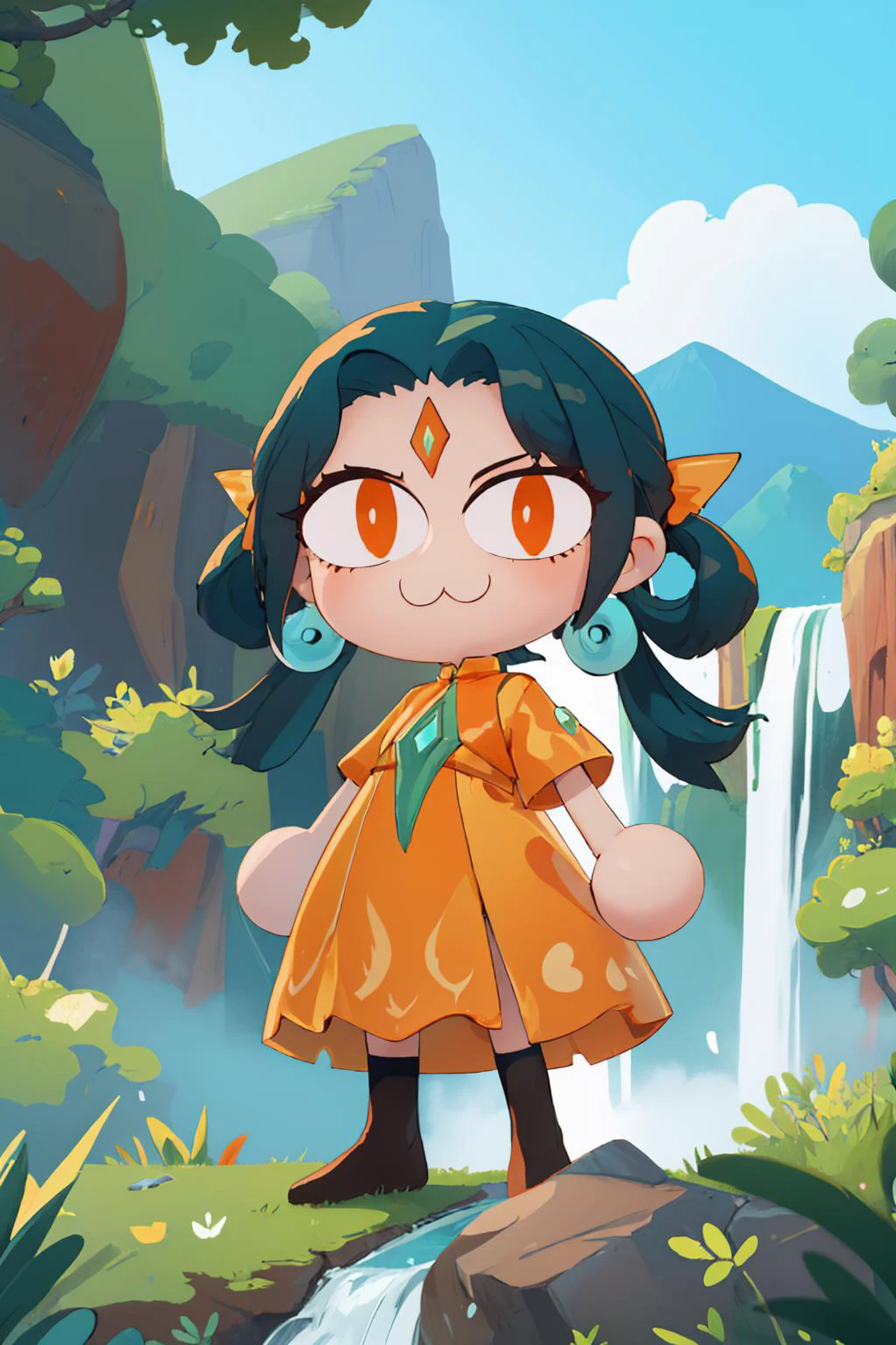 (masterpiece, best quality:1.2), chibi, solo, 1girl, fujin, :3, slit pupils, hair ornament, hair rings, forehead jewel, earrings, orange dress, outdoors, waterfall, mountain <lora:necoarc:1> <lora:fujin-gi-richy-v1:0.9>