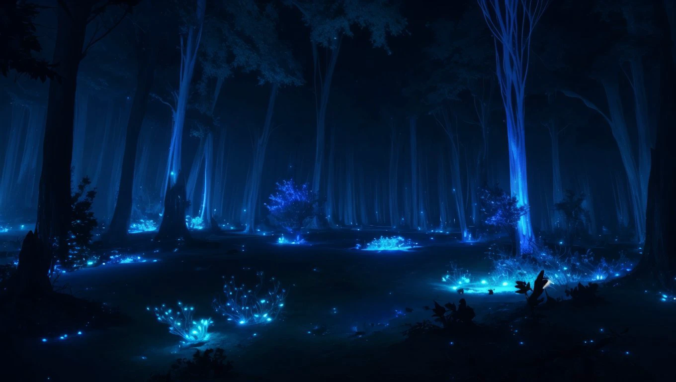 <lora:vn_bg:1> vn_bg, no humans, A mystical forest filled with bioluminescent plants and creatures, casting an ethereal glow in the night.