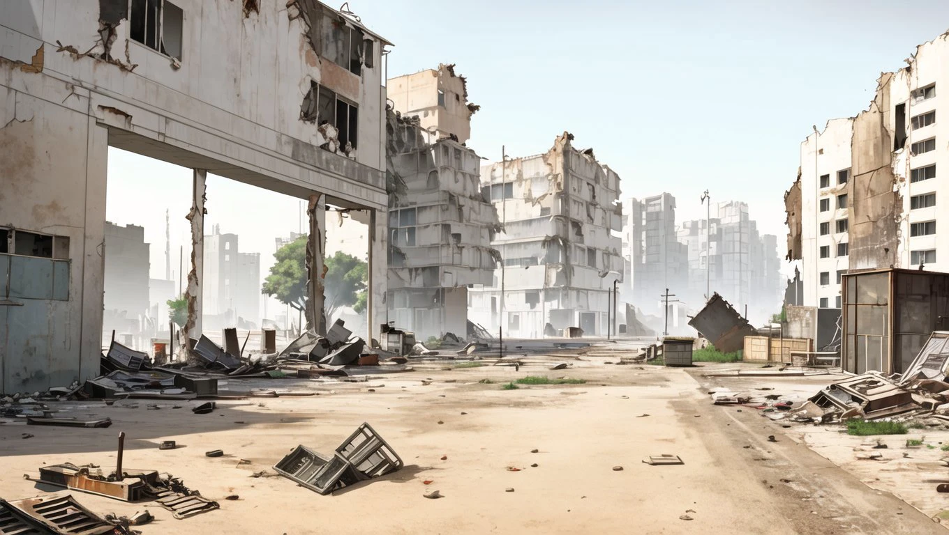 <lora:vn_bg:1> vn_bg, no humans, A post-apocalyptic city, half in ruins, with the remnants of former glory visible among the destruction and decay.