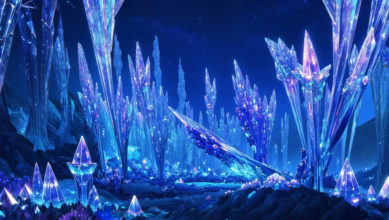 <lora:vn_bg:1> vn_bg, no humans, An otherworldly alien landscape with vibrant crystal formations, exotic flora that lights up in the twilight, and a star-filled sky of unfamiliar constellations.