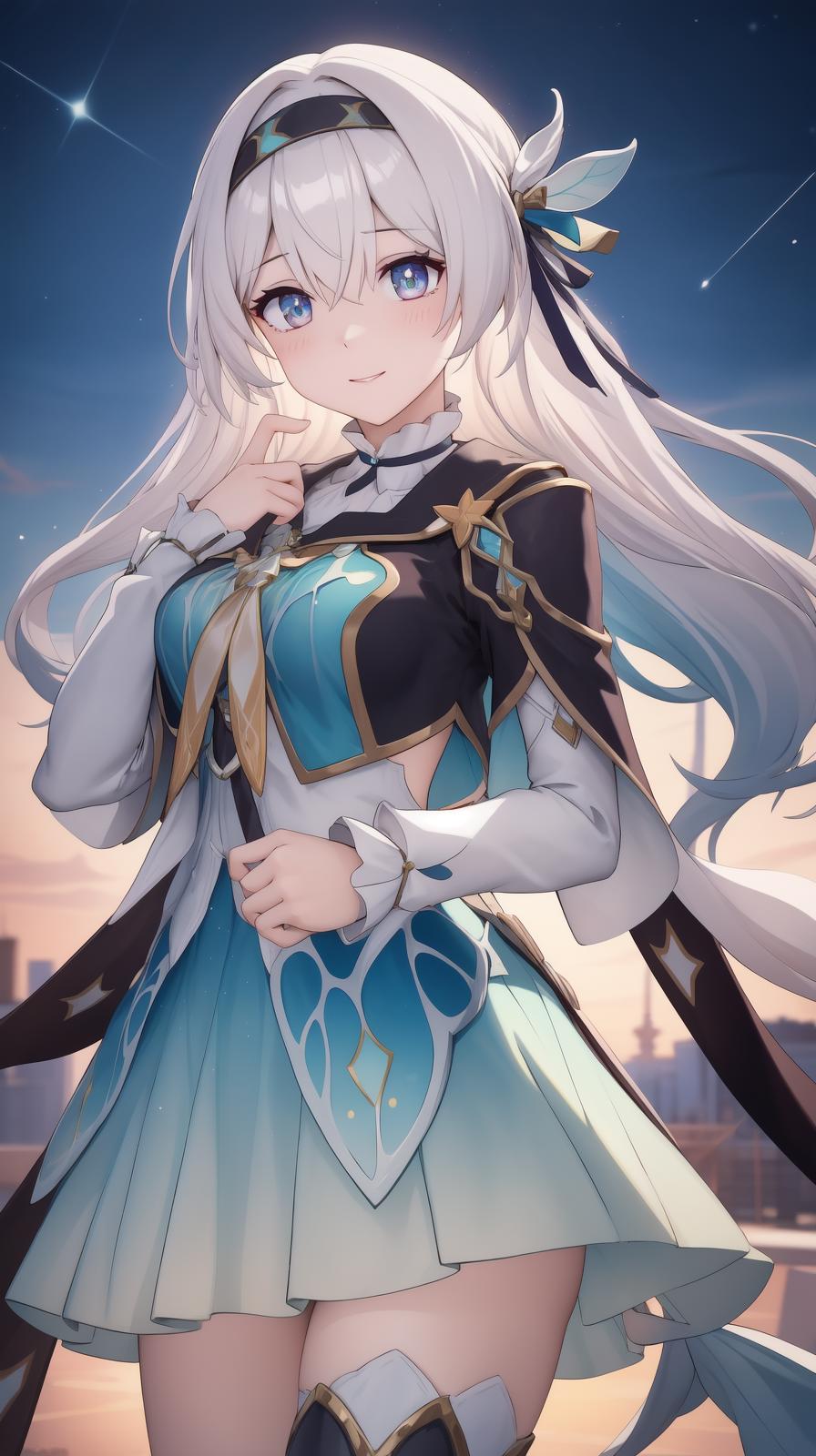 A woman in a blue dress with long white hair and a sword - SeaArt AI