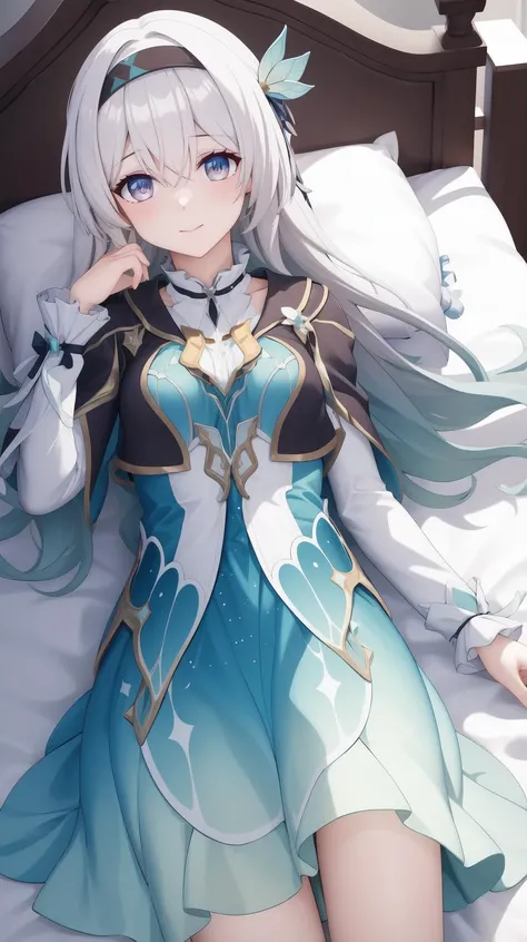 On bed, masterpiece, best quality, Solo, <lora:firefly-star-rail:0.7>, firefly-star-rail, Gradient hair, Lying, Small breasts, Gradient dress