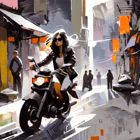 drawix13 expressive acrylic painting, girl on a motorbike in the city, sharpen <lora:drawix13:1>