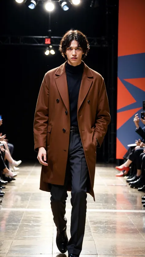 vetnau, (brown coat), 1boy , boy handsome, Haute_Couture, wearing Haute_Couture, posing for a picture, fashion show, Long shaped face, angry, crazy, dark red eyes, short hair, catwalk \(walkway\),  , colorful, vivid colors, masterpiece, best quality, absurdres, highest quality, amazing details, 8k, aesthetic  <lora:vetnau:0.6:MIDD>