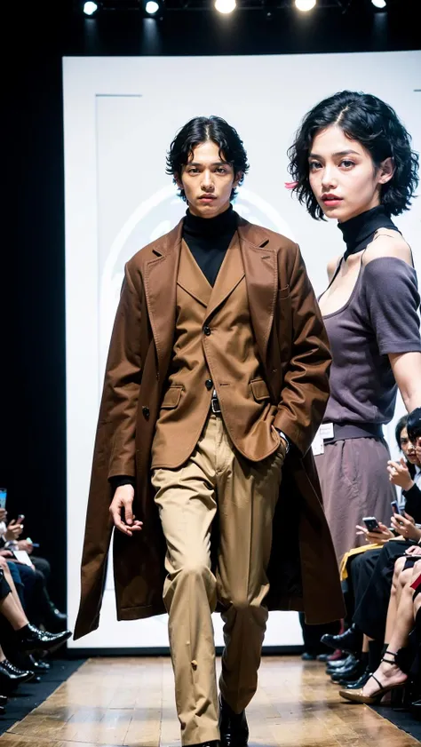 vetnau, (brown coat), 1boy , boy handsome, Haute_Couture, wearing Haute_Couture, posing for a picture, fashion show, Long shaped face, angry, crazy, dark red eyes, short hair, catwalk \(walkway\),  , colorful, vivid colors, masterpiece, best quality, absurdres, highest quality, amazing details, 8k, aesthetic  <lora:vetnau:0.6:MIDD>