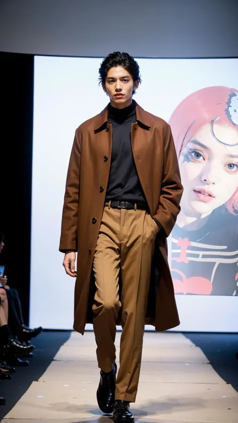 vetnau, (brown coat), 1boy , boy handsome, Haute_Couture, wearing Haute_Couture, posing for a picture, fashion show, Long shaped face, angry, crazy, dark red eyes, short hair, catwalk \(walkway\),  , colorful, vivid colors, masterpiece, best quality, absurdres, highest quality, amazing details, 8k, aesthetic  <lora:vetnau:0.6:MIDD>