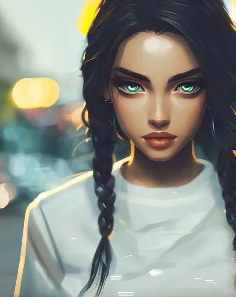 digital illustration, cinematic lighting, smooth, mfs shot, best quality, high detail, masterpiece, high quality, streetwear, detailed eyes, beautiful face, (skinny:1.2), (young female:1.3), city background, bloom, film grain