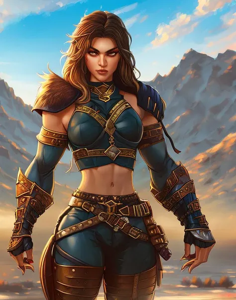 digital illustration, (young barbarian woman), leather pants, soldier, warrior, highly detailed, (abs, flat stomach, thicc:1.5) (muscular:1.5), (mountain background:1.3)