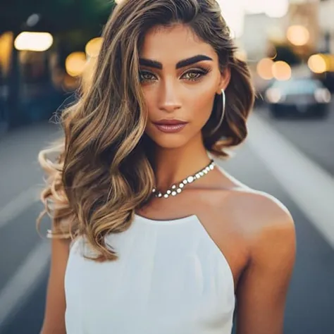 , smooth, hyper-realistic, mfs shot, best quality, high detail, masterpiece, high quality, summer streetwear, (midriff:1.3), bloom, film grain, detailed eyes, beautiful face, (skinny:1.2), (young female:1.3), city background