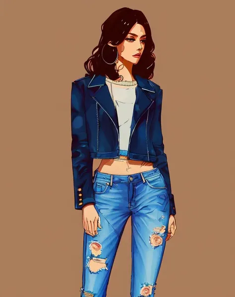 digital illustration, (best quality:1.5), (high detail:1.5) jeans, (masterpiece:1.5), (high quality:1.5), bloom, film grain, soulful eyes, (summer streetwear:1.3),  midriff, skinny, (abs:1.2), extremely beautiful young female,