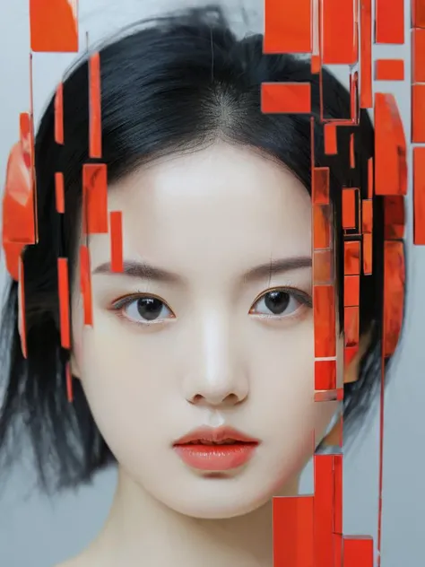 <lora:Glitch Art:1.2>,(\gu zhang feng\),1girl,solo,black hair,looking at viewer,portrait,parted lips,lips,black eyes,short hair,abstract,glitch,red lips,