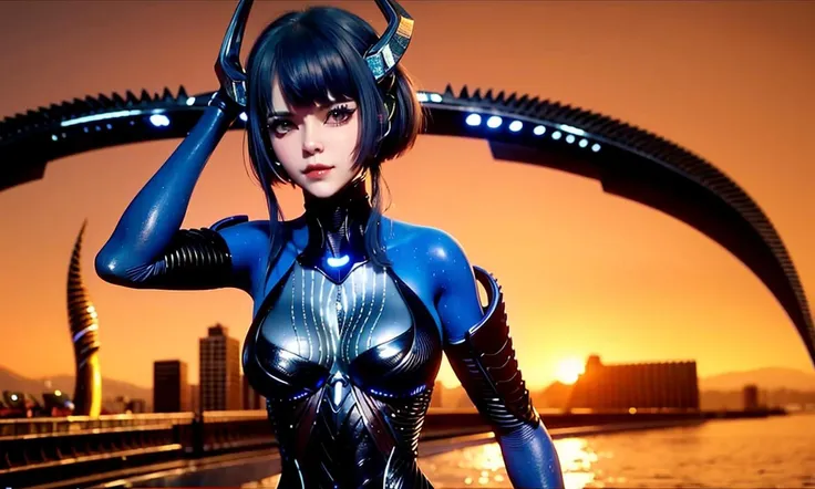 a woman in a futuristic suit with horns and horns on her head, standing in front of a futuristic city, 1girl, bangs, black hair, bodysuit, breasts, evening, horns, long hair, looking at viewer, makeup, orange background, orange sky, sky, solo, sunset, twilight, upper body