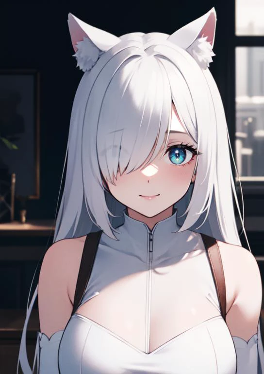 (masterpiece, best quality:1.2), extremely detailed, soft ambient lighting, sharp focus, 4K, BREAK 1girl, long white hair, blue eyes, star-shaped pupils, tareme, white cat ears, cat tail, gentle smile, hair over one eye, large breasts, long white dress, covered breasts, <lora:(Concept) Slider Age:-1>, <lora:hair_over_one_eye:1>, <lora:tareme:1>