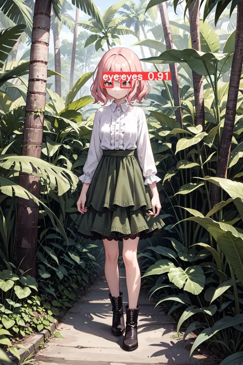 cute girl, round eyes, dropping eyes, small breasts, 
(exhausted:1.2), pink hair, standing, in a jungle, 
(looking away:1.2), 
medium hair, bob cut, 
(swept bangs:1.2), 
, 
(hair tucking:1.2), 
(ringlets:1.2), 
(layered hair:1.1), 
, 
from front, 
full body, 
Ruffled frilled shirt half-tucked into a high-waisted midi skirt with ankle boots