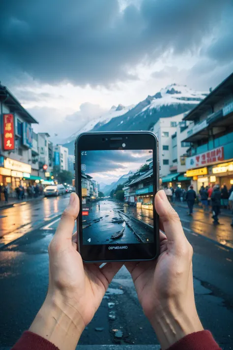 cloud,mountain,sky,camera,reflection,holding,holding camera,pov,long sleeves,cyberpunk,city,rain,cellphone,
Best quality,masterpiece,ultra high res,<lora:chaoren:0.6:lbw=MIDD:lbw=MIDD>,chaoren,
