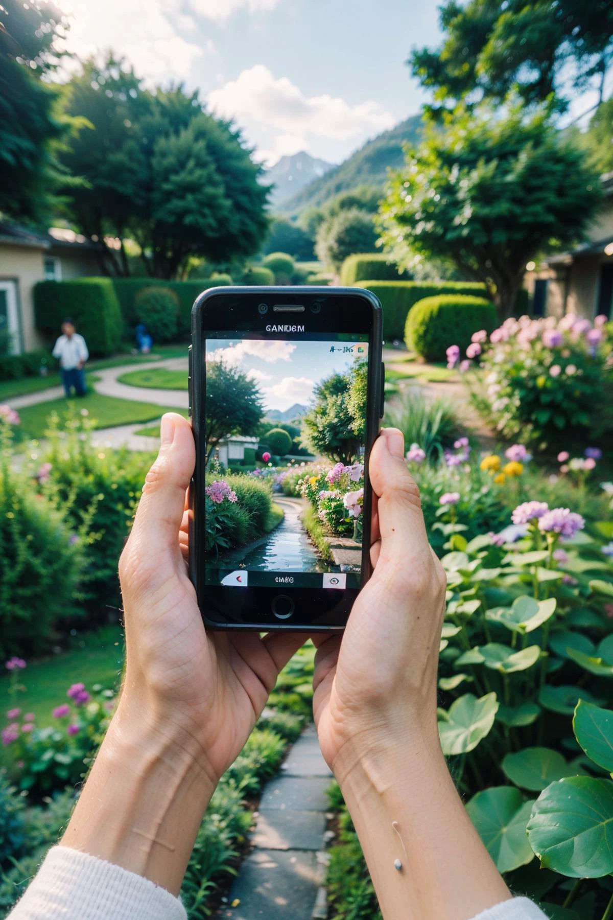 cloud,mountain,sky,camera,reflection,holding,holding camera,pov,long sleeves,(garden:1.4),(flower:1.4),rain,leaf,(cellphone:1.5),
Best quality,masterpiece,ultra high res,<lora:chaoren:0.6:lbw=MIDD:lbw=MIDD>,chaoren,