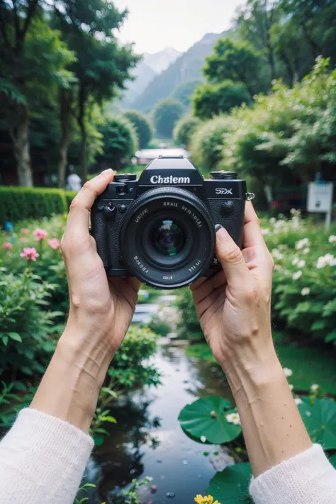 cloud,mountain,sky,camera,reflection,holding,holding camera,pov,long sleeves,garden,flower,rain,leaf,
Best quality,masterpiece,ultra high res,<lora:chaoren:0.6:lbw=MIDD:lbw=MIDD>,chaoren,