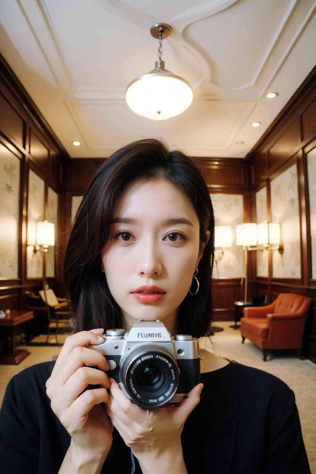 a woman holding a camera in a room with wood paneling on the walls and a ceiling light on the ceiling,camera,1girl,holding camera,holding,lips,looking at viewer,jewelry,indoors,realistic,earrings,black hair,solo,jacket,blurry,upper body,brown hair,closed mouth,shirt,solo focus,white shirt,medium hair,brown eyes,blurry background,
Best quality,masterpiece,ultra high res,<lora:chaoren:0.6:lbw=MIDD:lbw=MIDD>,chaoren,